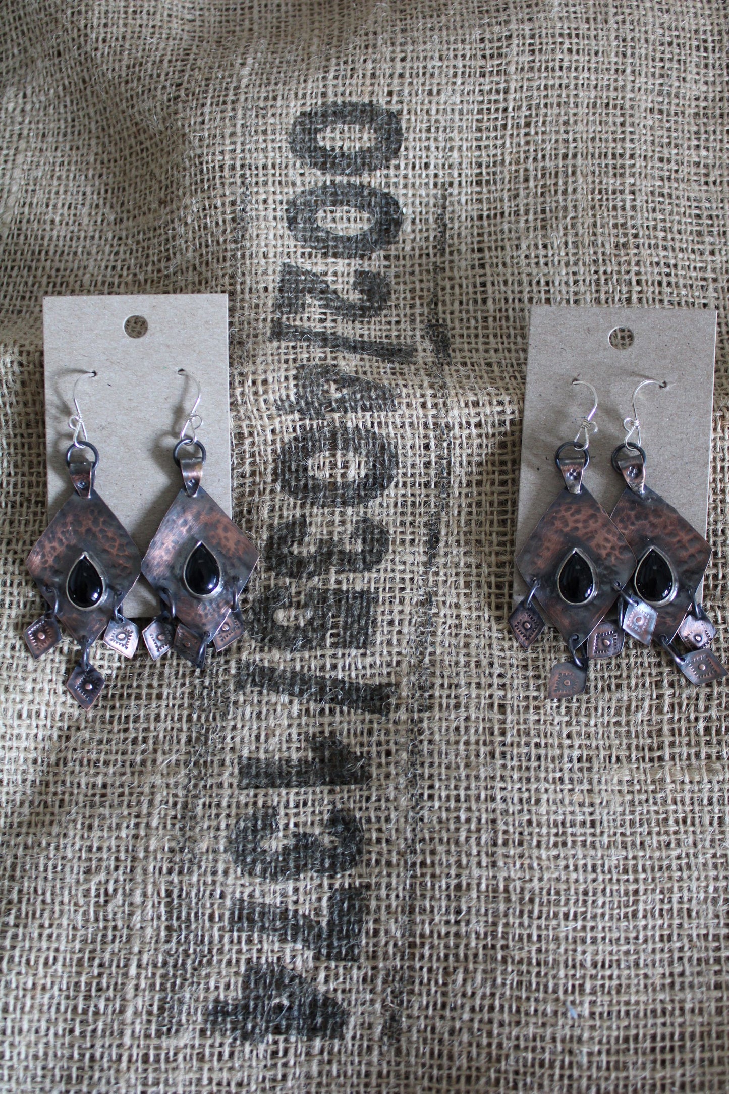 Black Onyx Gemstone and Mixed Metal Statement Earrings: Copper Earrings