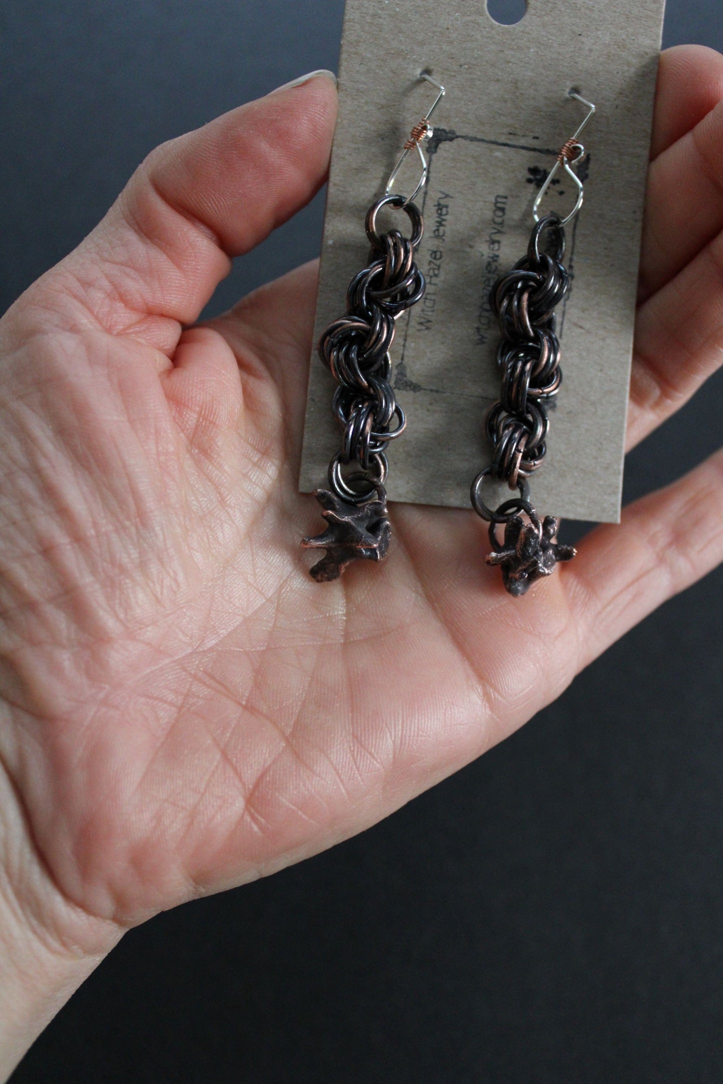 real snake bone earrings, copper chainmail dangles, copper electroformed jewelry , ethically sourced bone, real bone jewelry