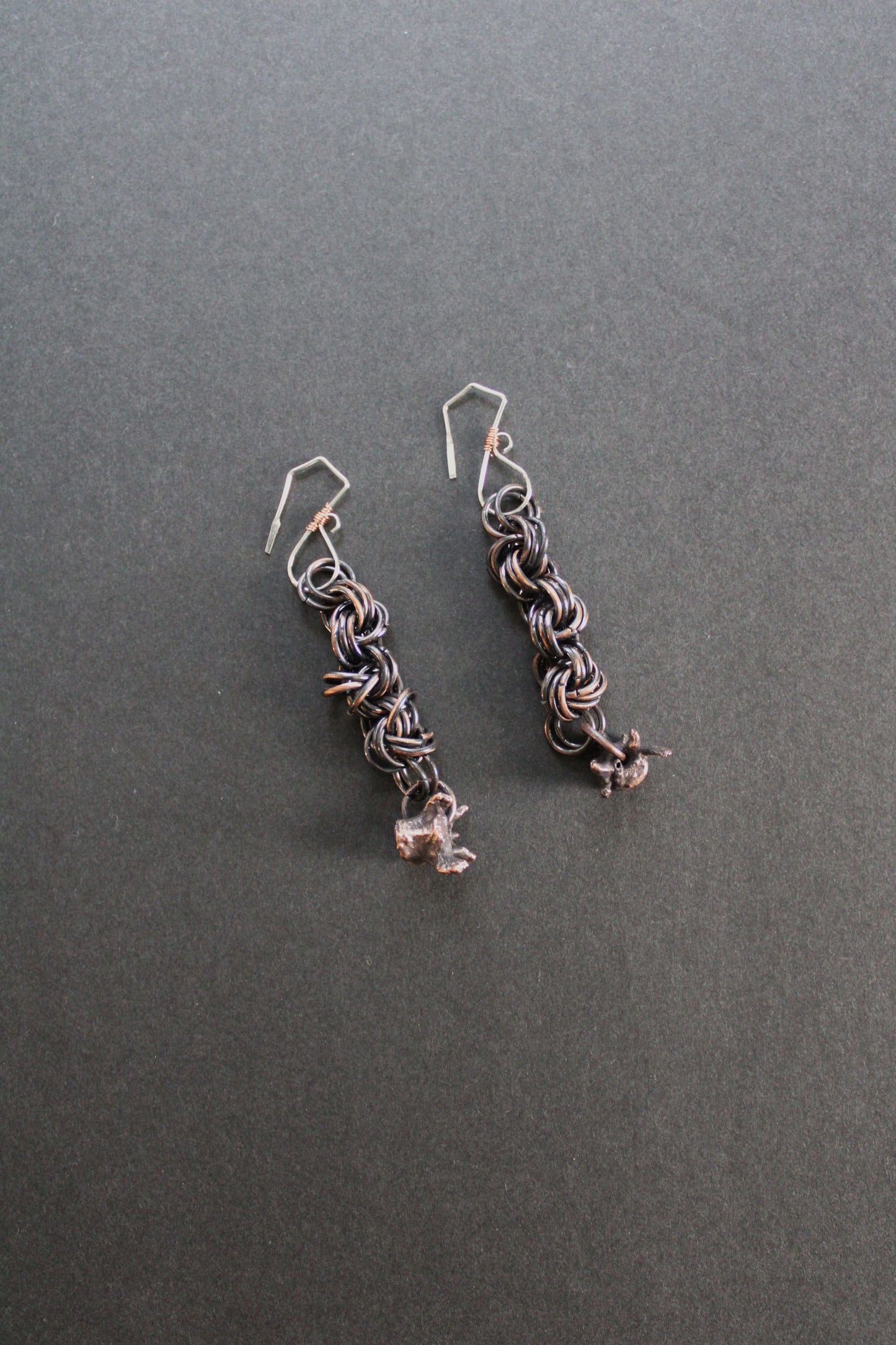 real snake bone earrings, copper chainmail dangles, copper electroformed jewelry , ethically sourced bone, real bone jewelry