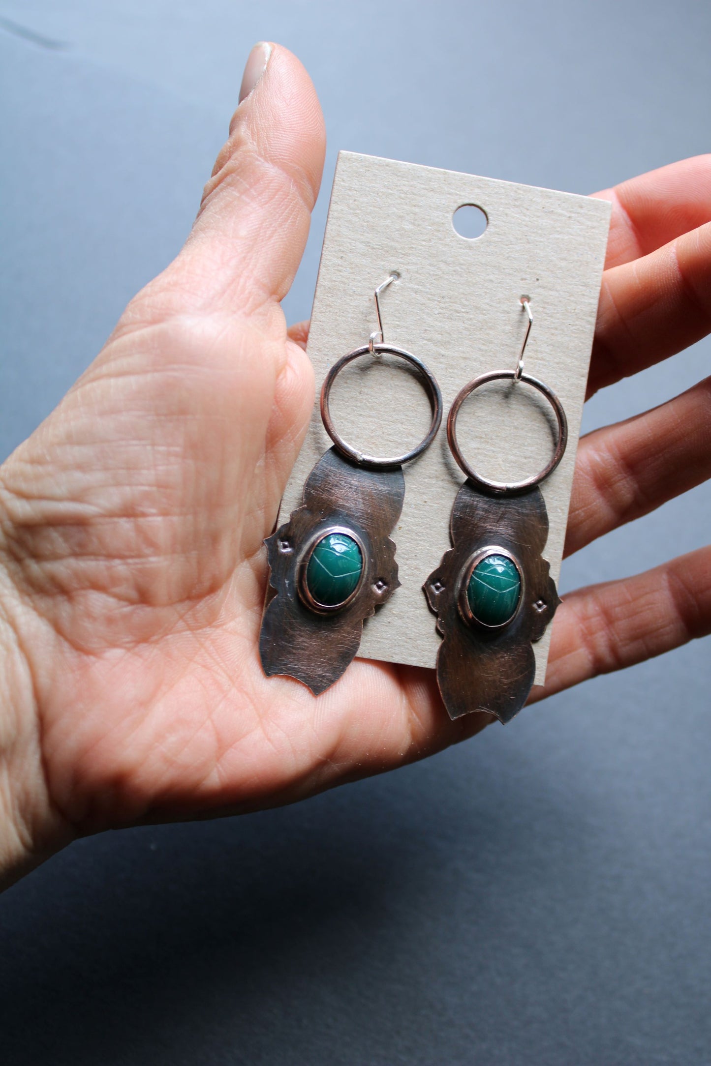 Carved Green Onyx Gemstone and Copper Earrings