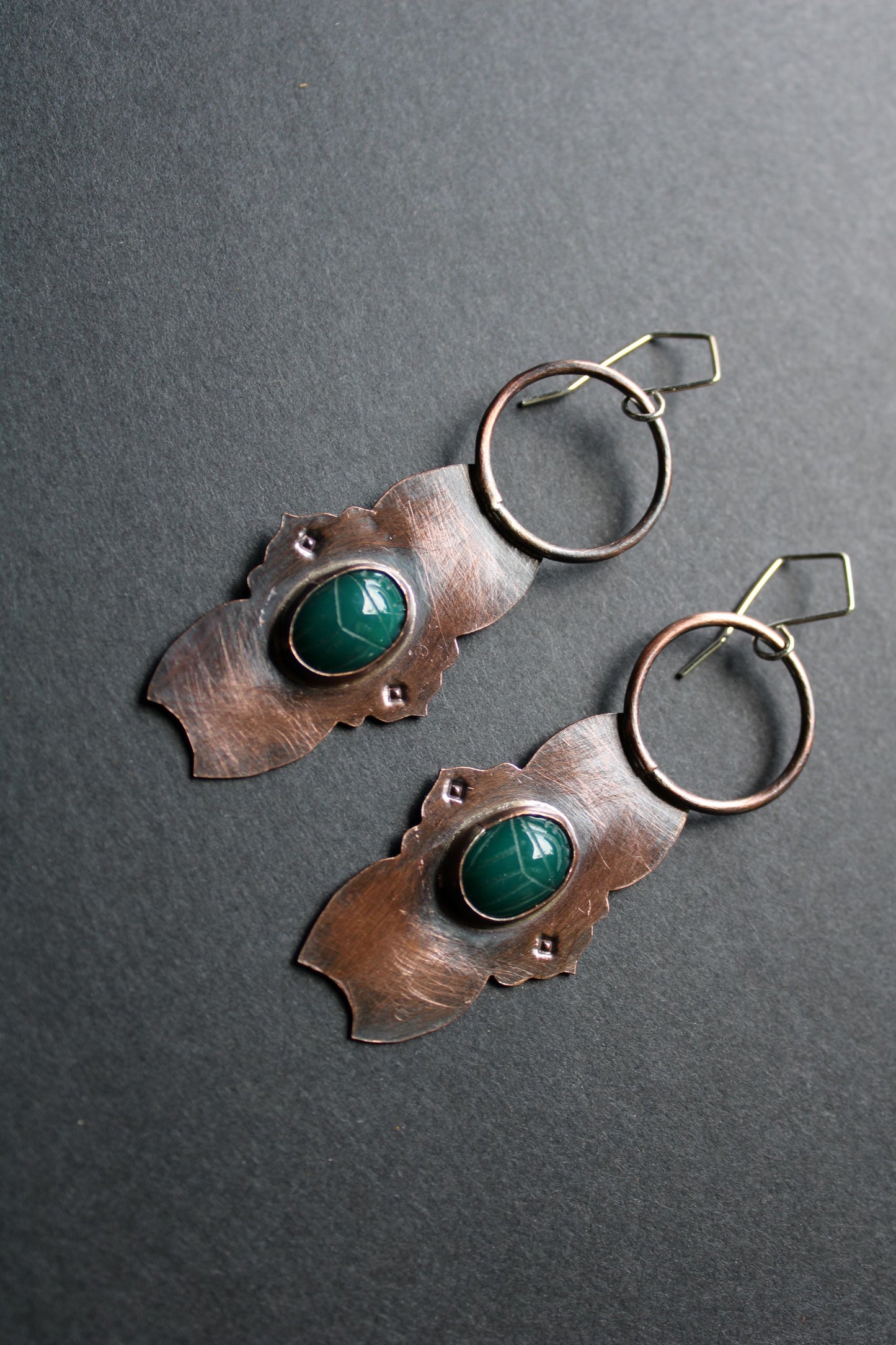 Carved Green Onyx Gemstone and Copper Earrings