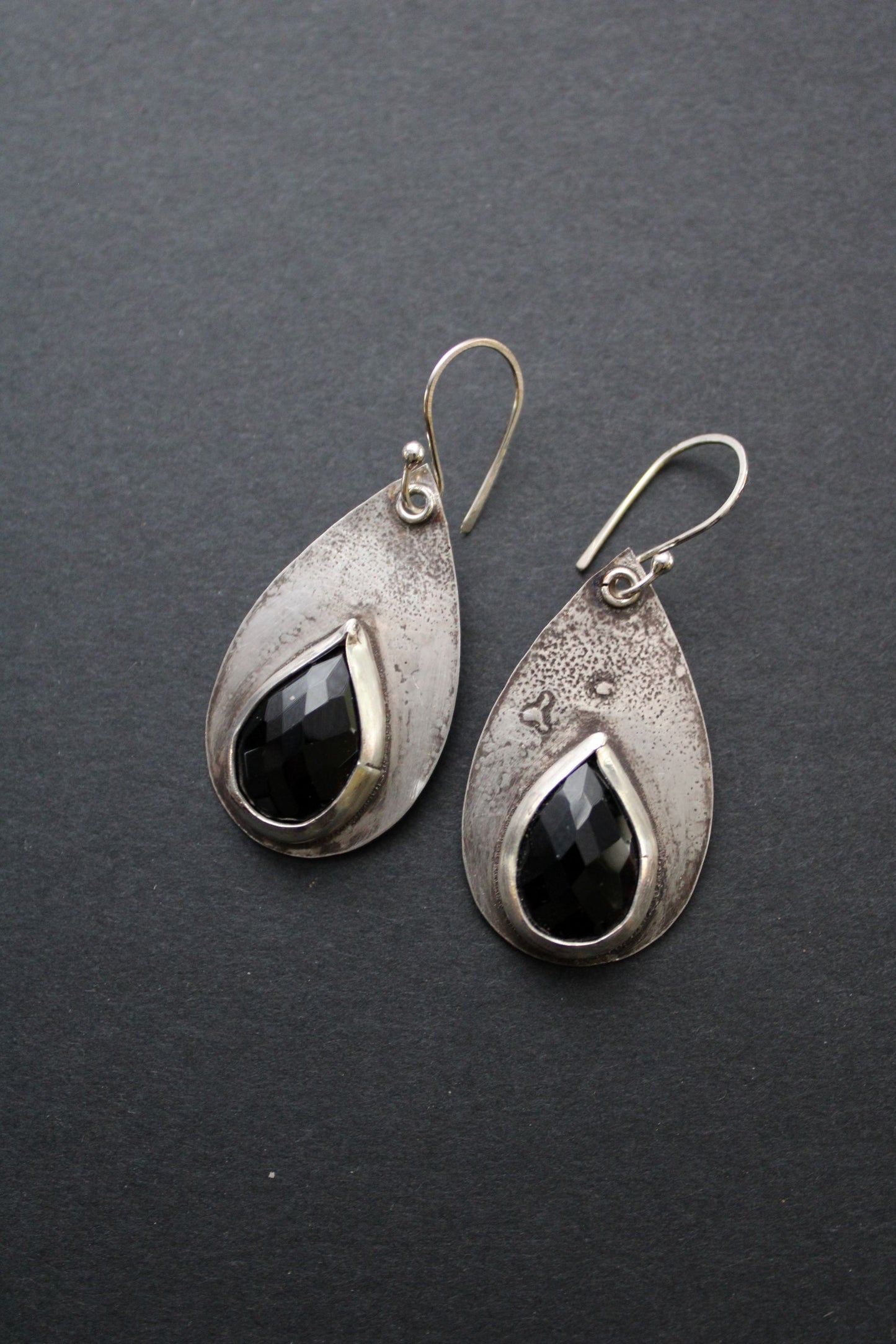 Reticulated Sterling Silver and Onyx Earrings
