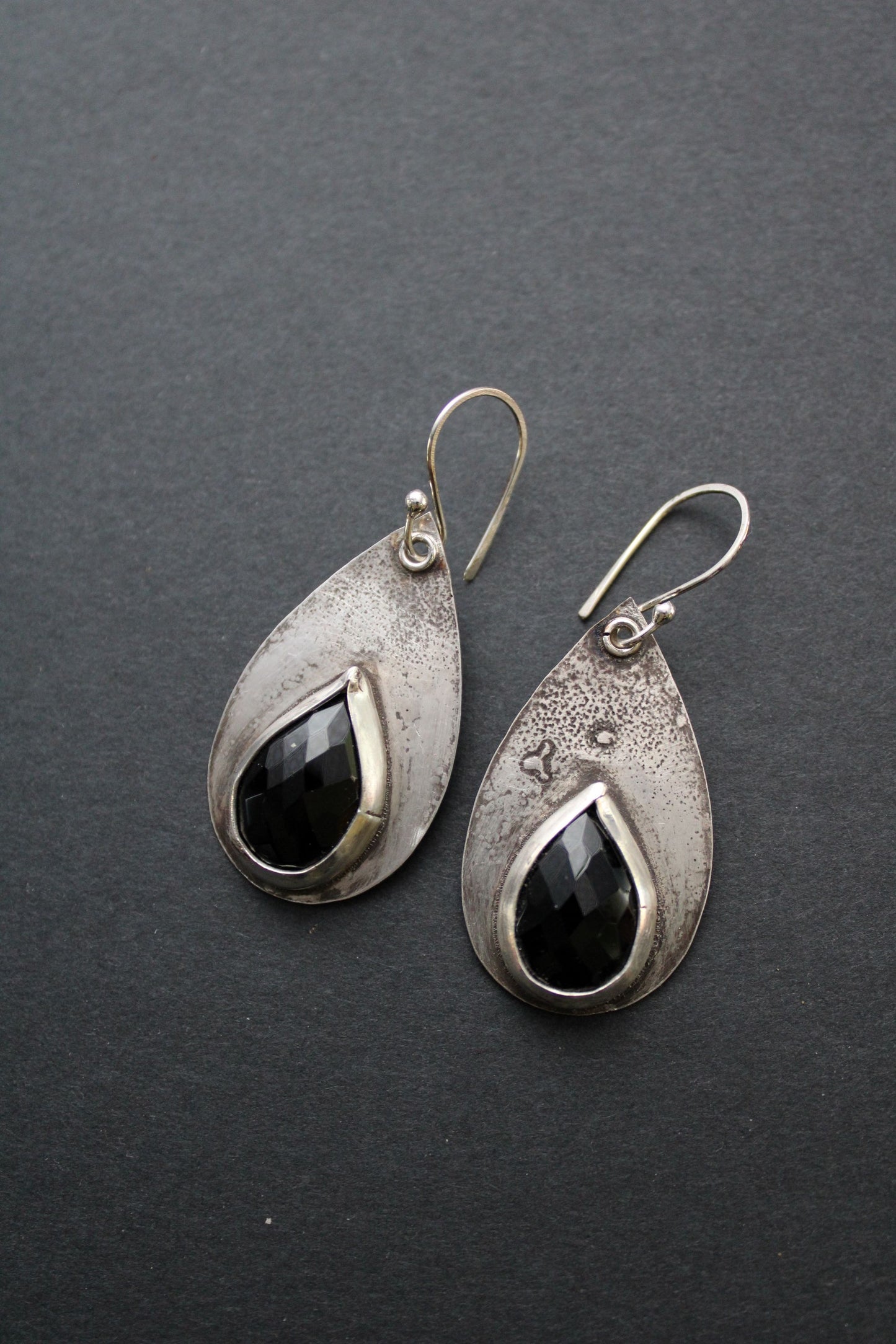 Reticulated Sterling Silver and Onyx Earrings
