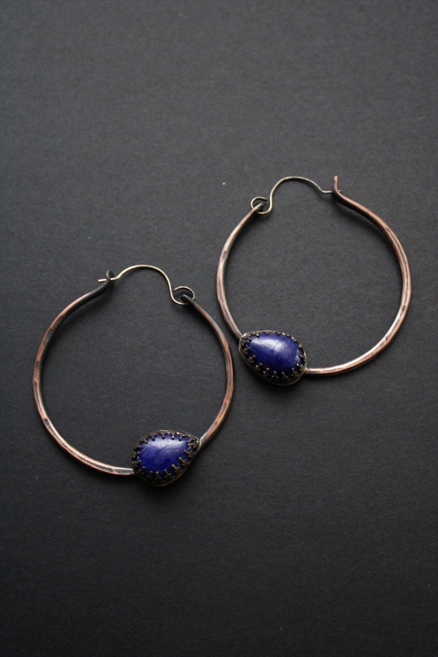 Lapis Lazuli Gemstone (pear shaped) and Hammered Copper Hoop Earrings