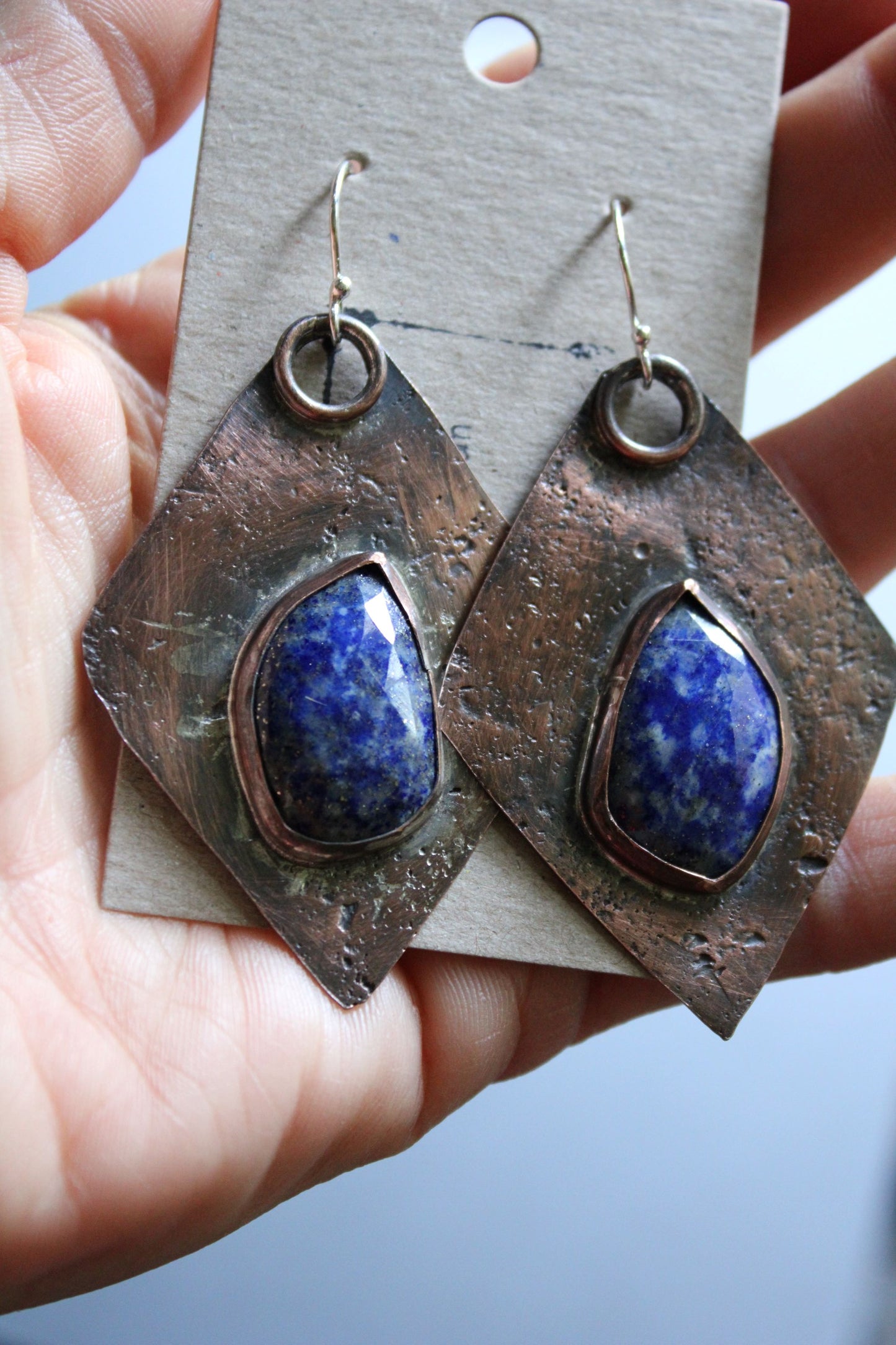 Diamond Shaped Copper and Lapis Lazuli Gemstone Earrings