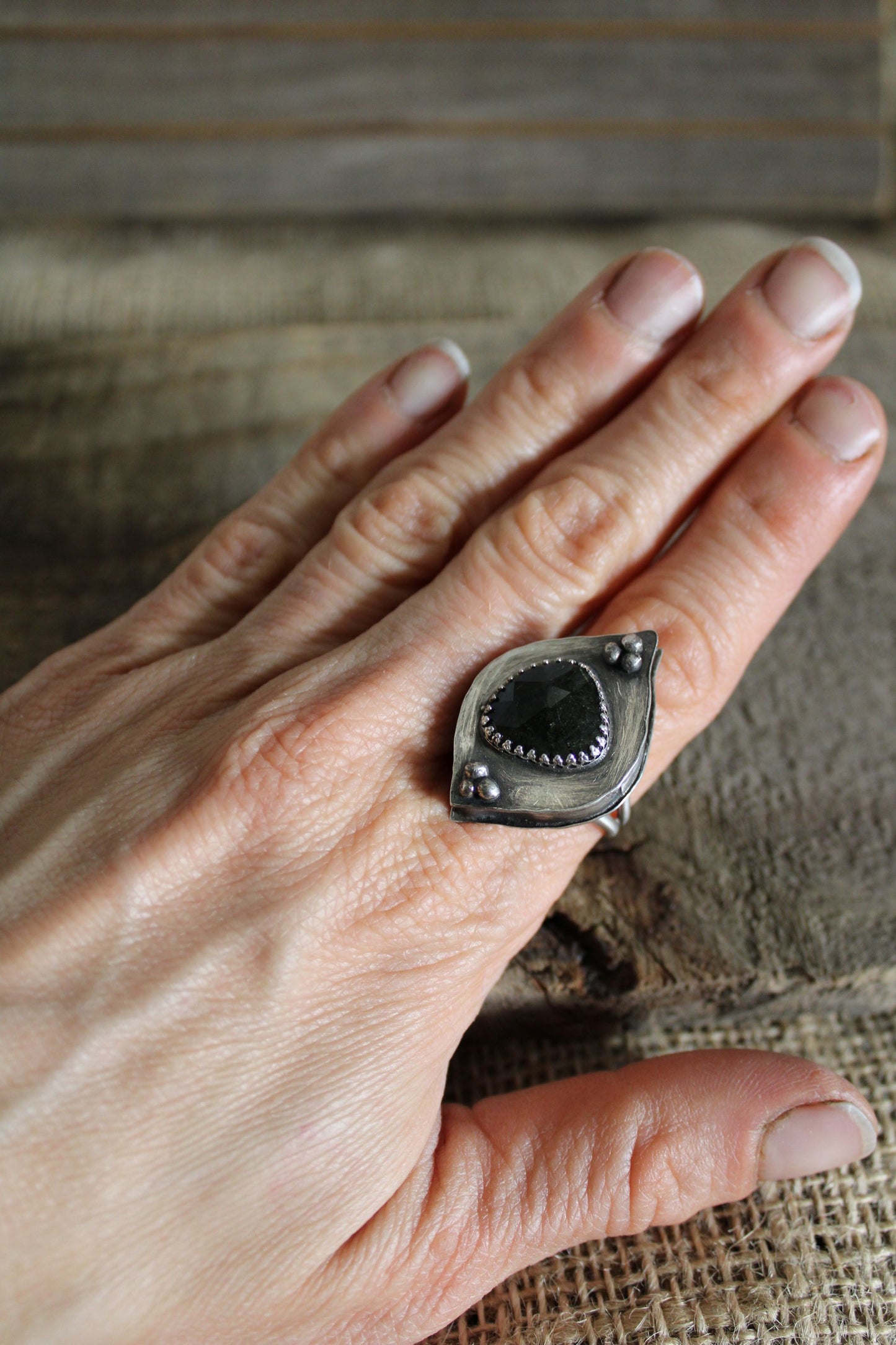 Sterling Silver Rutilated Quartz Precious Gemstone Hollow Form Ring, Size 9.5