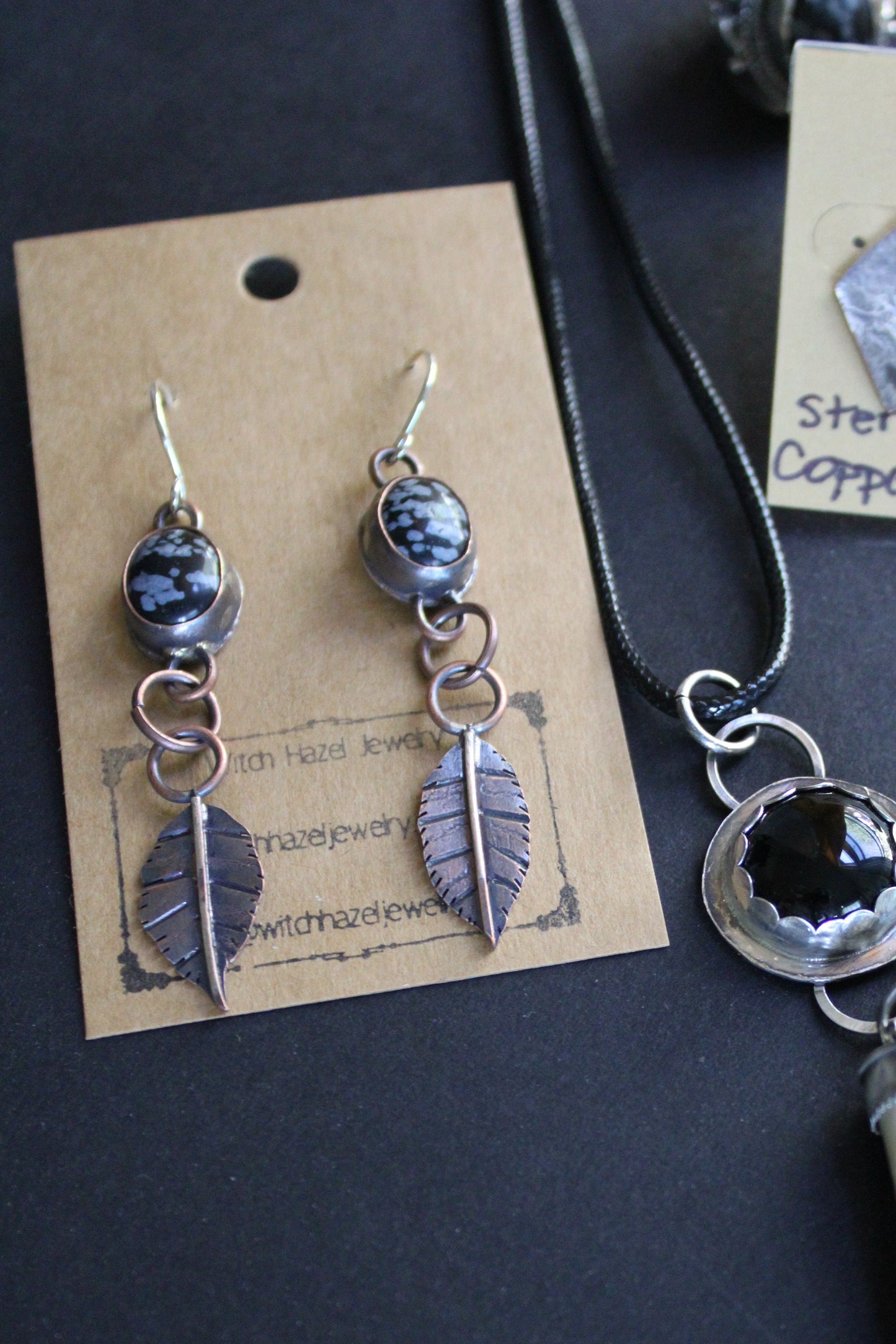 Snowflake Obsidian Copper Leaf Earrings