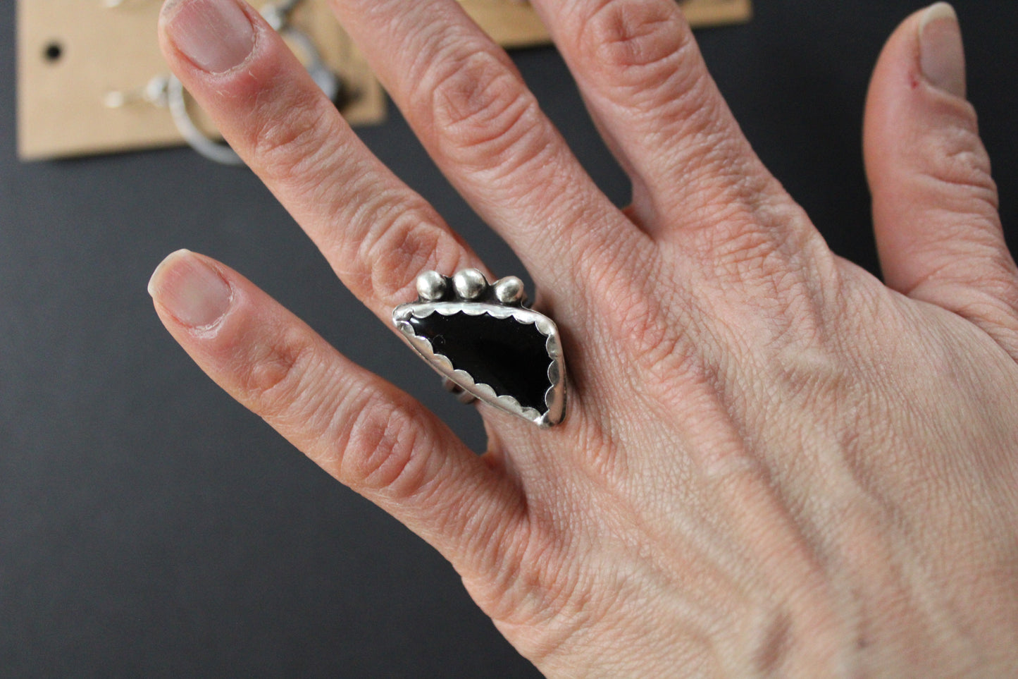 Sterling Silver and Onyx Precious Gemstone Ring, size 6.5