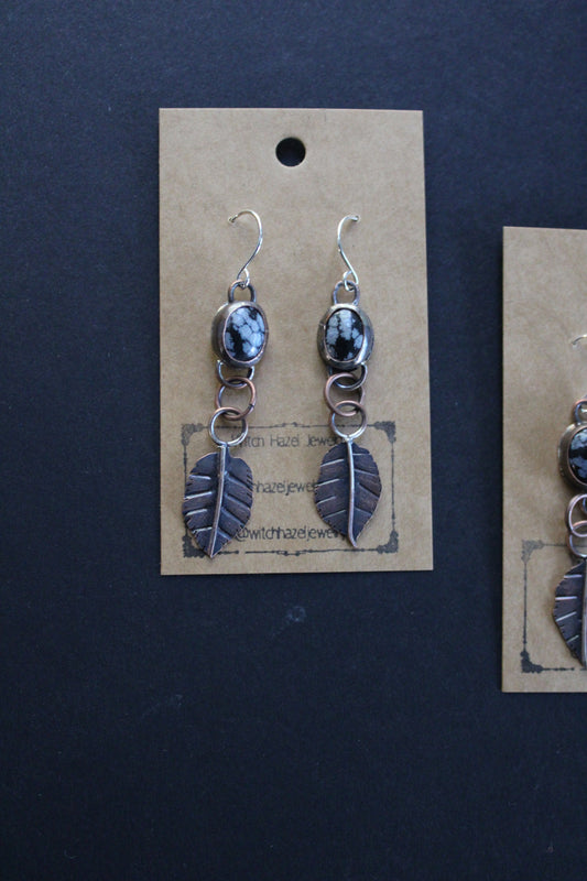 Snowflake Obsidian Copper Leaf Earrings