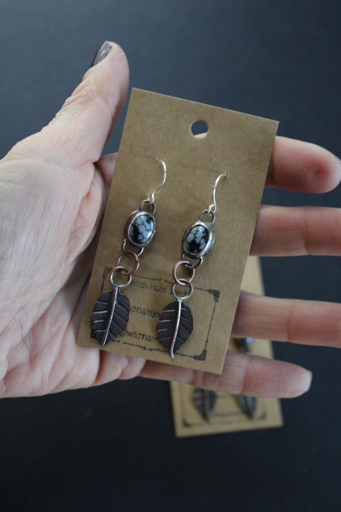 Snowflake Obsidian Copper Leaf Earrings