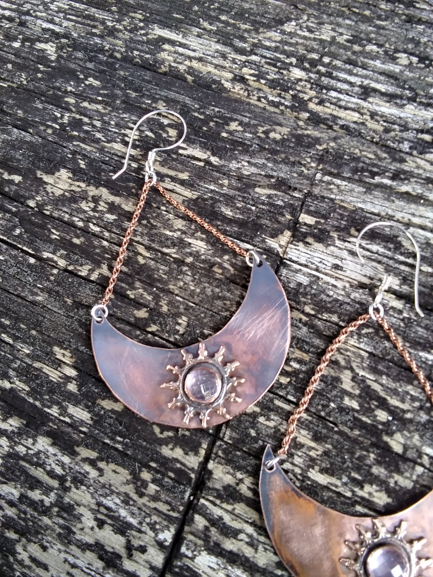 Copper Crescent Moon Rose Quartz Crystal Earrings