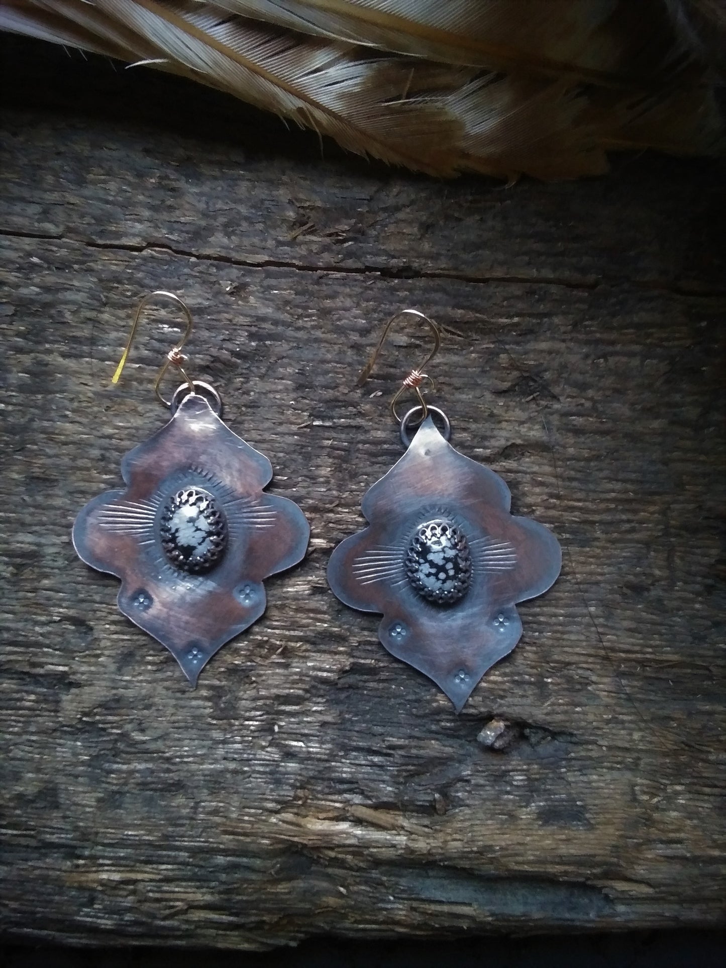 Obsidian Gemstone Copper Flower Petal Earrings