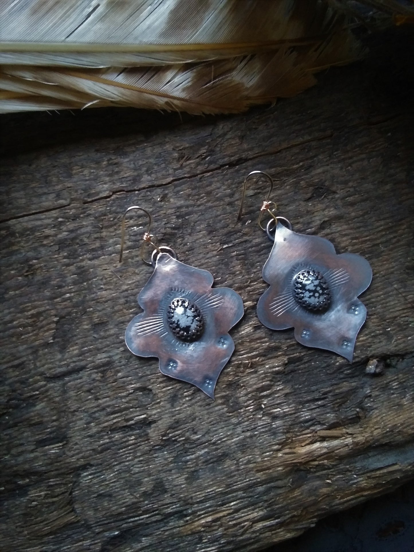 Obsidian Gemstone Copper Flower Petal Earrings