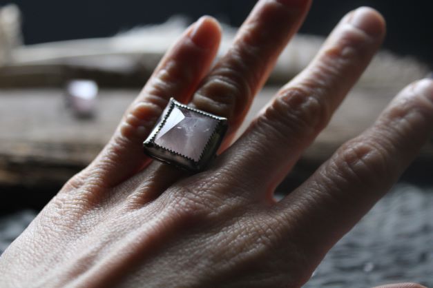 Rose Quartz Pyramid Gemstone Sterling Silver Ring