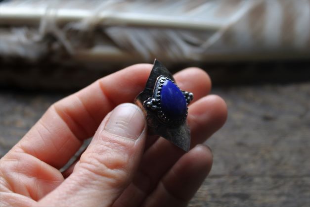 Lapis Lazuli Statement Ring, Silver Reticulated Copper Ring