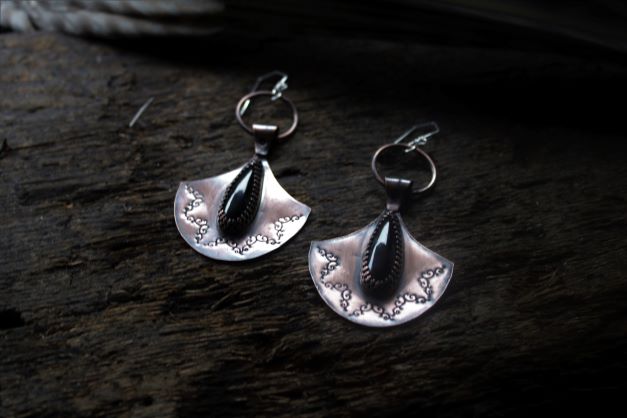 Onyx Gemstone and Copper Stamped Statement Earrings