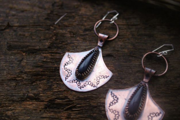 Onyx Gemstone and Copper Stamped Statement Earrings