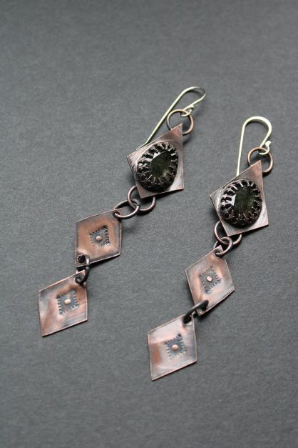Copper and Rutilated Quartz Dangle Statement Earrings
