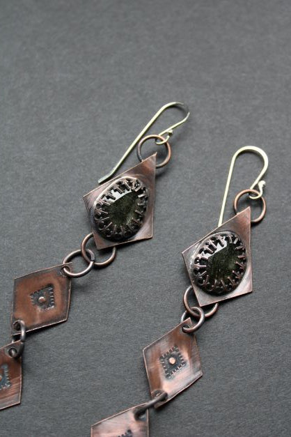 Copper and Rutilated Quartz Dangle Statement Earrings