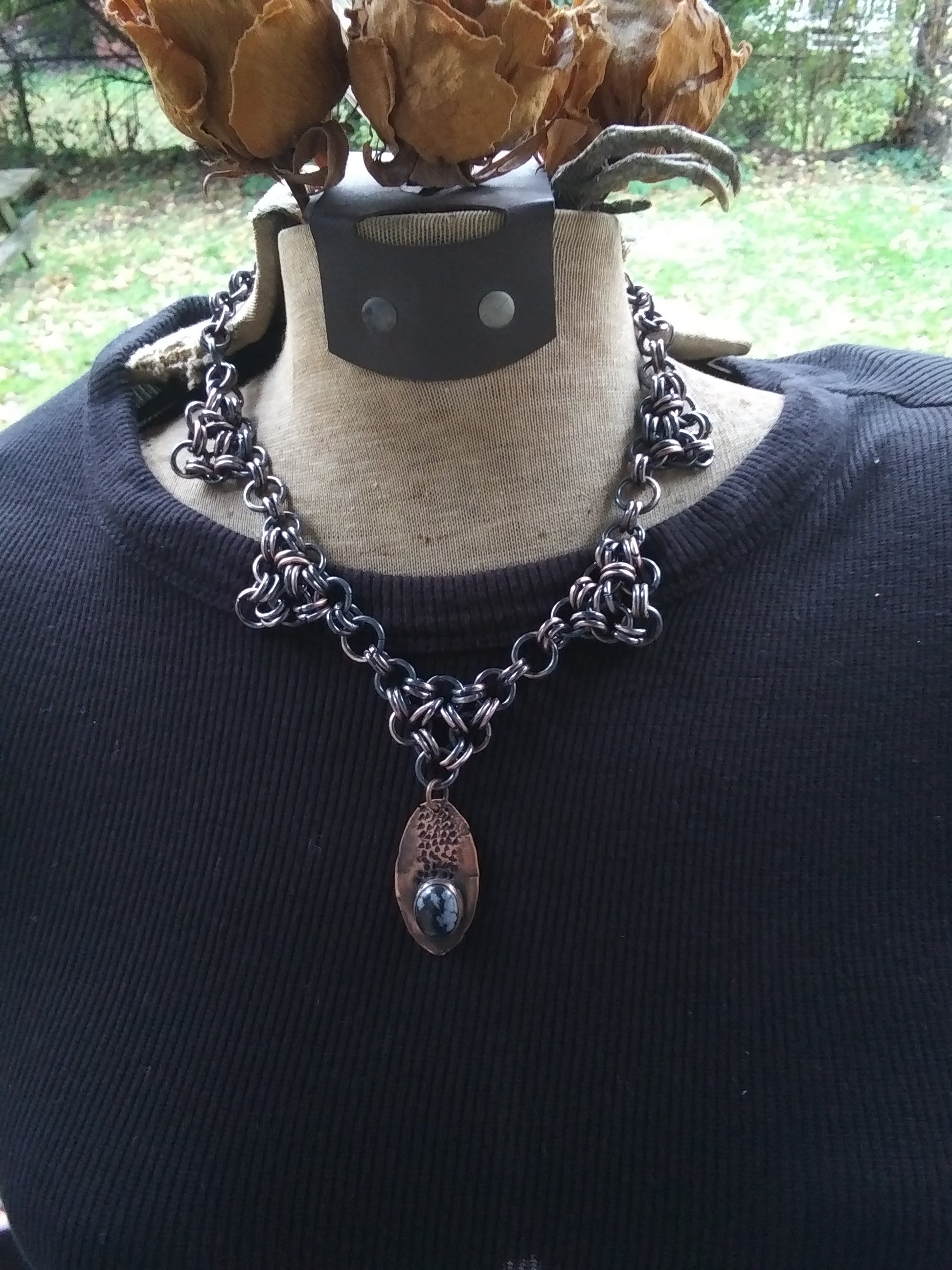 pittsburgh witch store, copper obsidian, gemstone chainmail, viking style, copper chainmail, elegant chainmail, chainmail necklace, distressed copper necklace, obsidian gemstone necklace, witchy chainmail necklace