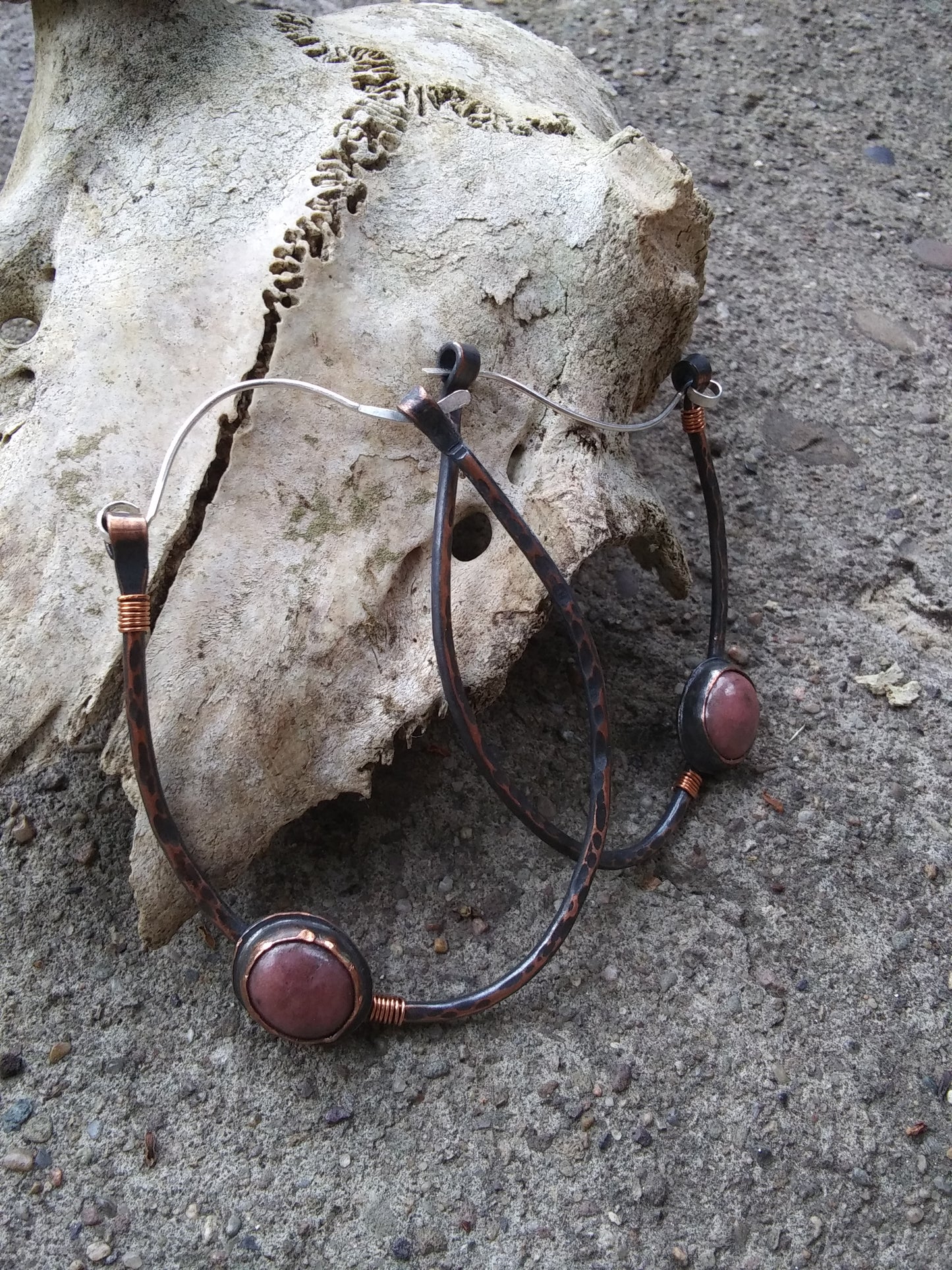 Rhodonite Gemstone Hammered Copper Hoops