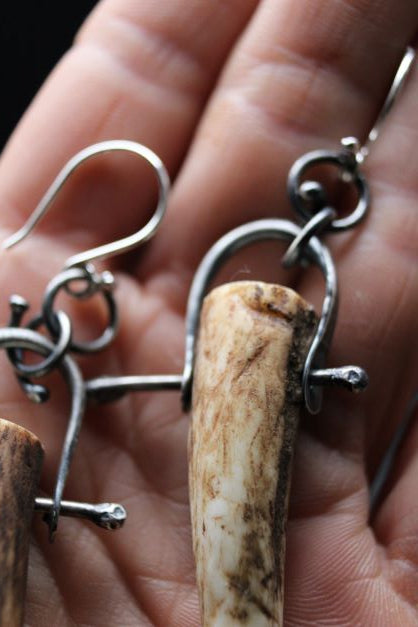 Elk Antler Tip Sterling Silver Hinge Earrings