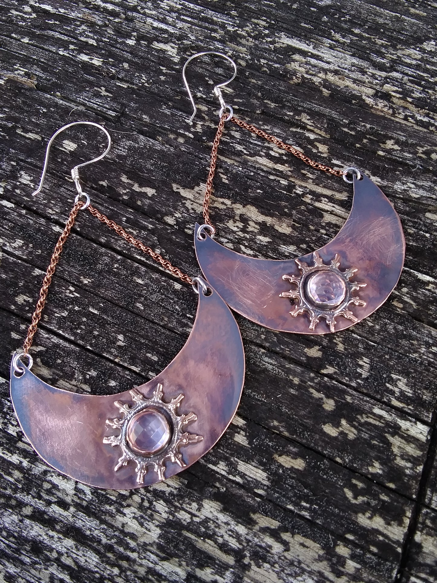 Copper Crescent Moon Rose Quartz Crystal Earrings