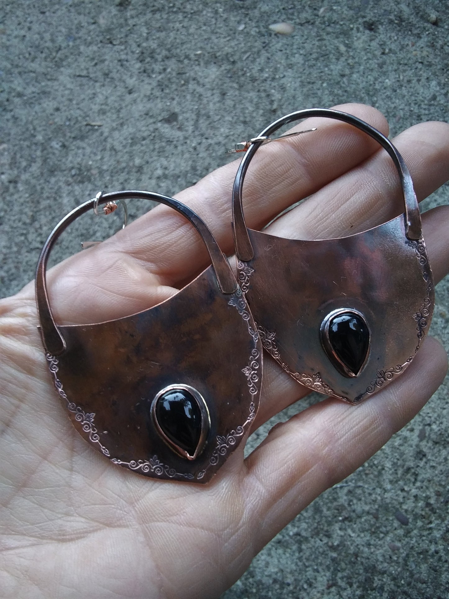 Onyx Copper Lock Earrings, Onyx Gemstone Earrings