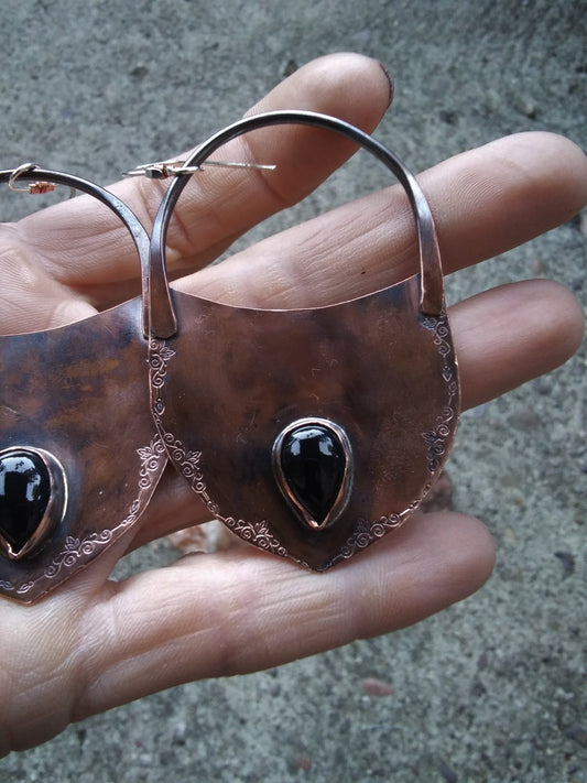 Onyx Copper Lock Earrings, Onyx Gemstone Earrings