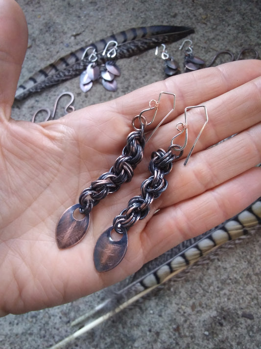 Elegant chainmail, elegant chainmail earrings, modern chainmail earrings, modern chainmail, small chainmail earrings, dragon scale earrings, , copper dragon scale earrings, copper chainmail dangles