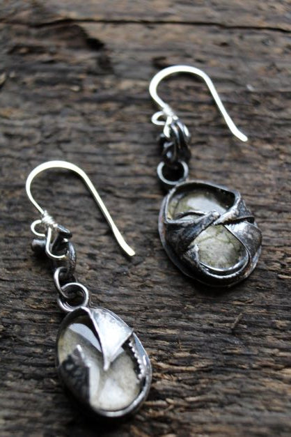 Yellow Birch Bark and Glass Gemstone Sterling Silver Earrings