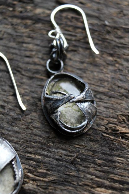Yellow Birch Bark and Glass Gemstone Sterling Silver Earrings